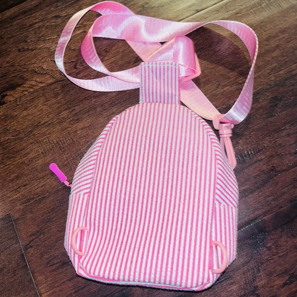 Pink Initial ‘E’ Striped Reversible Crossbody Sling Bag Backpack Girls Bow Bag